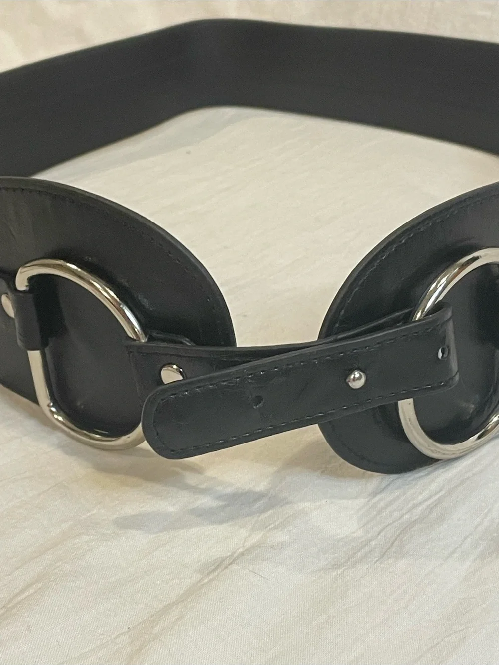 Wide Black Waist Belt Silver O Ring Buckle Statement Cinch Boho Y2K Goth